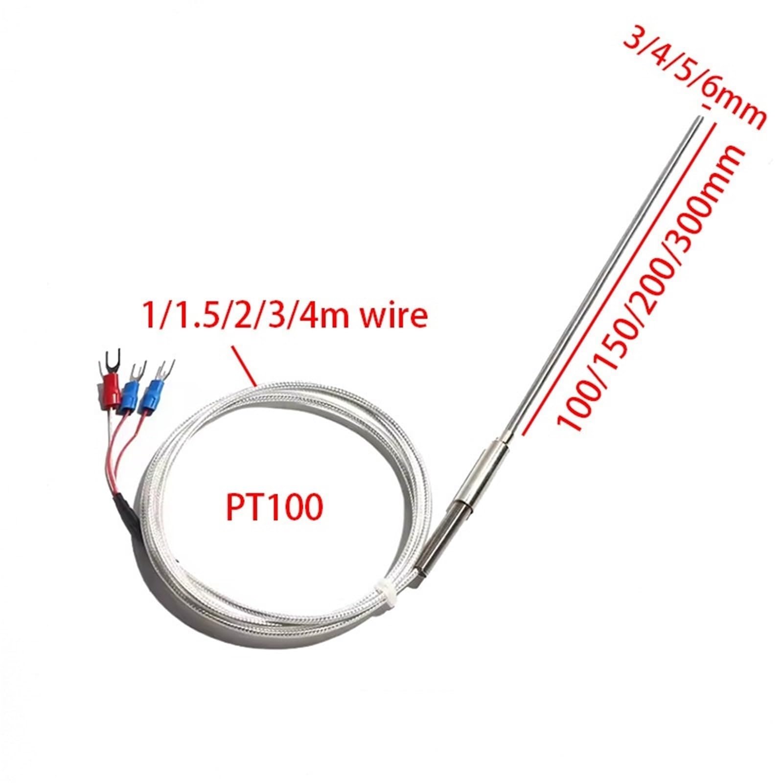 1 pièces WZPK-191 mesure de température Thermocouple PT100 100MM/150MM/200MM/300MM sonde 3 bornes de connecteur 1M 1.5M 2M 3 mètres fil(Probe Length 300mm,Cable Length 2m,Probe Dia. 6mm)