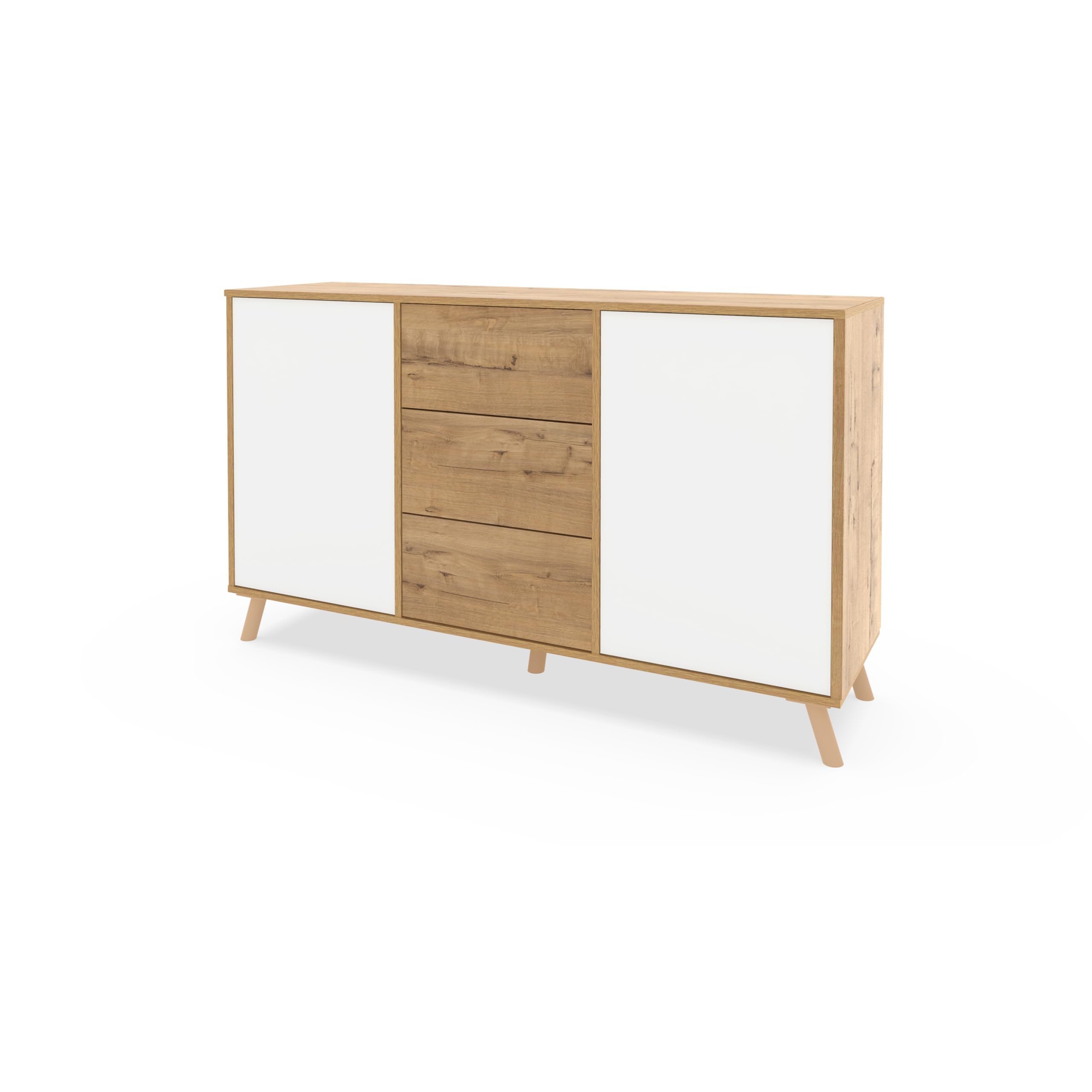 Aparador Salón Comedor, Buffet, Mueble Auxiliar, 2 puertas y 3 Cajones, Roble Gold con puertas blancas, 89x140x40cm, Despensa, Cocina, Despacho, Tirador Push o Pulsador, Moderno, Nórdico, modelo Oslo