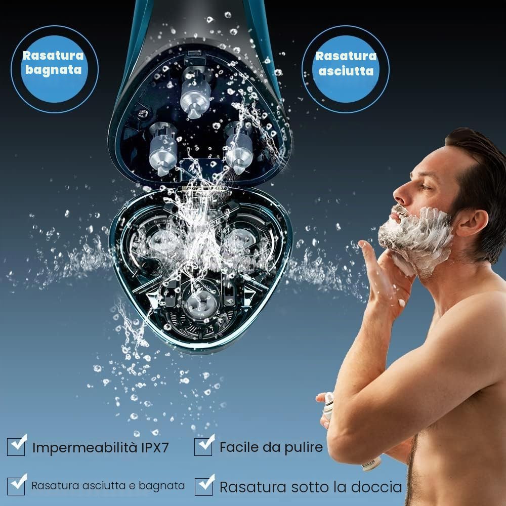 Rasoio Elettrico Wet & Dry a 3 Lame di Ricambio, Rasoio Elettrico Barba Uomo Ricaricabile Rasoio Barba Impermeabile Display LED, Lame Flessibili, Custodia da Viaggio