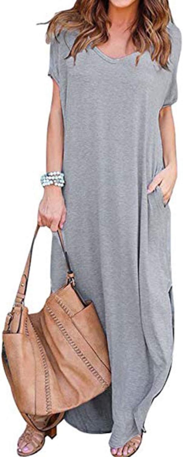 VONDA Women Boho Short Sleeve Pockets Summer Beach Split Long Black Maxi Dress