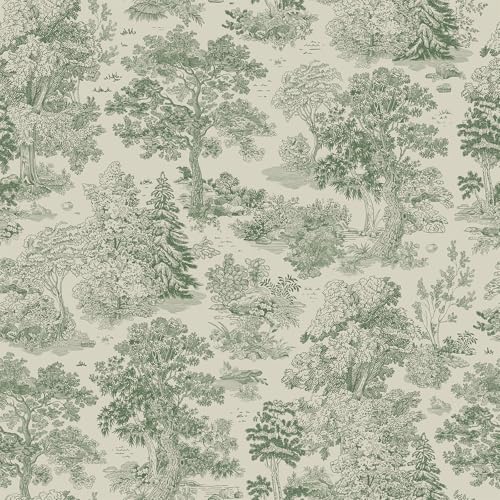 VEELIKE Green Toile Peel and Stick Wallpaper Vintage Landscape Forest Wallpaper for Bedroom Living Room 17.7''x354'' Green Chinoiserie Wall Paper Peel and Stick Toile Contact Paper for Cabinets Walls
