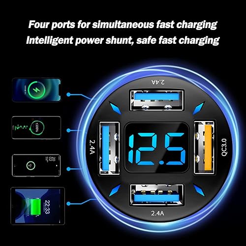 Miniatura 4 de 66W Fast USB Car Charger Fast Charge with Voltmeter LED Light Display Car Charger Adapter Compatible for iPhone 1pcs negro