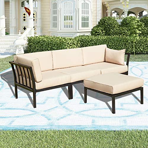 Lokatse Home 4 Piece Outdoor Furniture Sectional Sofa Patio Conversation Set 2 Corner Couch 1 Armless Chair And 1 Ottoman, 4Pcs, Khaki Cushions #TOP6