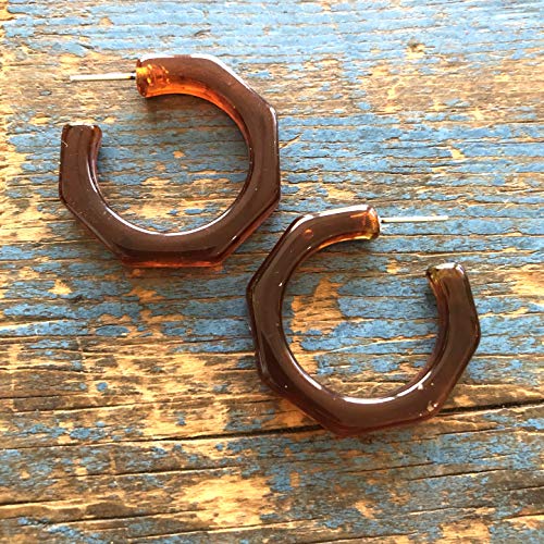 Tortoise Octagon Acrylic Kay Hoop Earrings | Marbled Geometric Lucite Hoops - KAY-BR-12