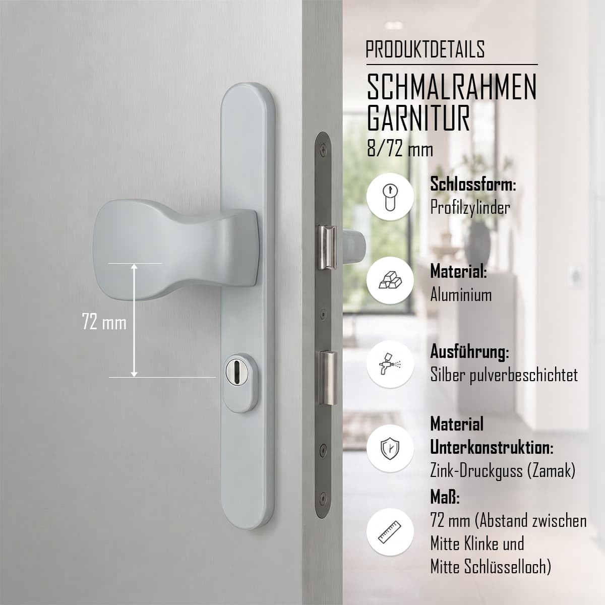 MS Beschläge Aluminium Schmalrahmengarnitur 72mm Abstand 8mm Vierkant Silber pulverbeschichtet Kernziehschutz Langschild Türdrücker Wechselgarnitur Türbeschlag (Knopf/Drücker, Türstärke 87-102mm)