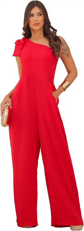 Macacão Feminino Longo Pantalona Um Ombro Só com Laço em Duna Elegante Festa