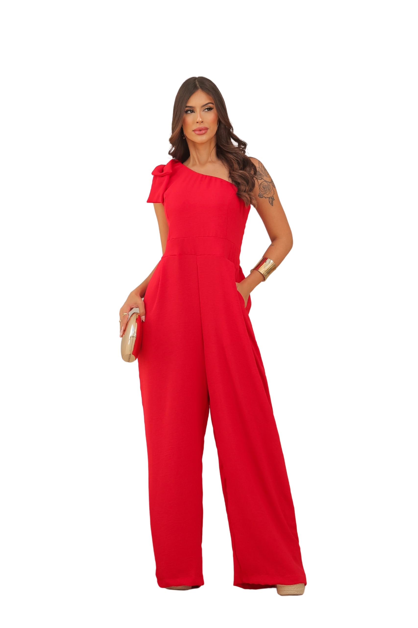 Macacão Feminino Longo Pantalona Um Ombro Só com Laço em Duna Elegante Festa