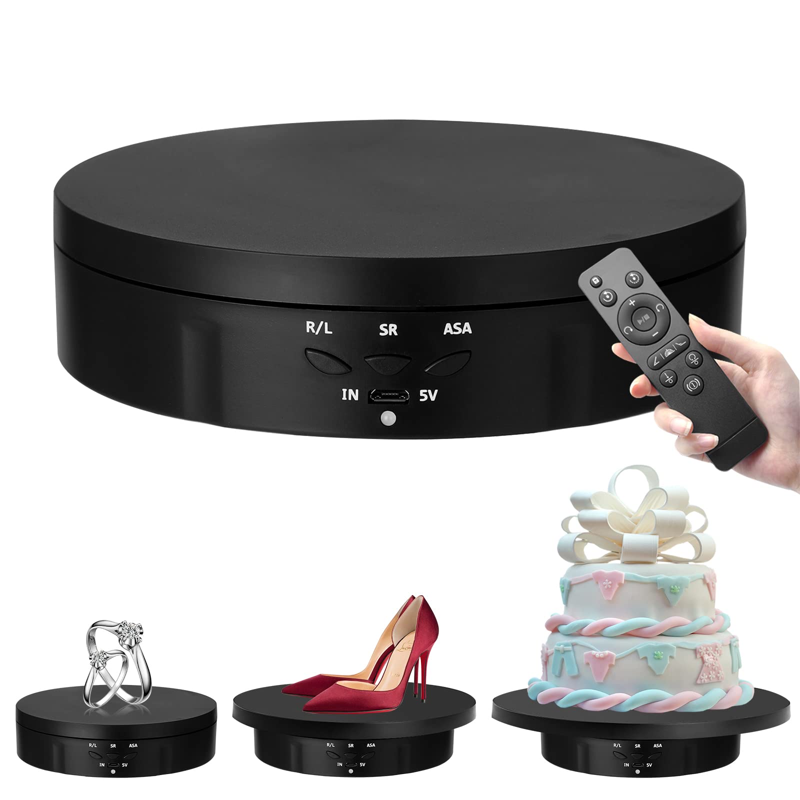 Plateau tournant électrique 3 en 1, support à 360 degrés, plateau tournant motorisé avec télécommande pour photographie, présentation de produits, bijoux, modèles 3D, objets de collection (noir)