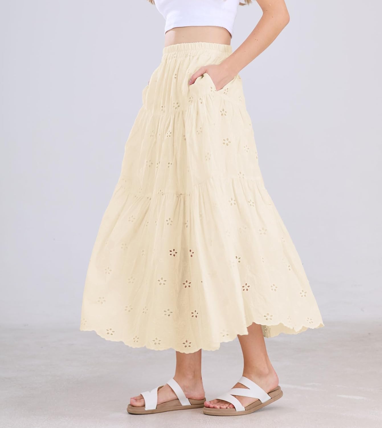 chouyatou Women's Lace Embroidery Eyelet Boho Skirt High Elastic Waisted Flowy Swing Midi Long Skirt - Image 2