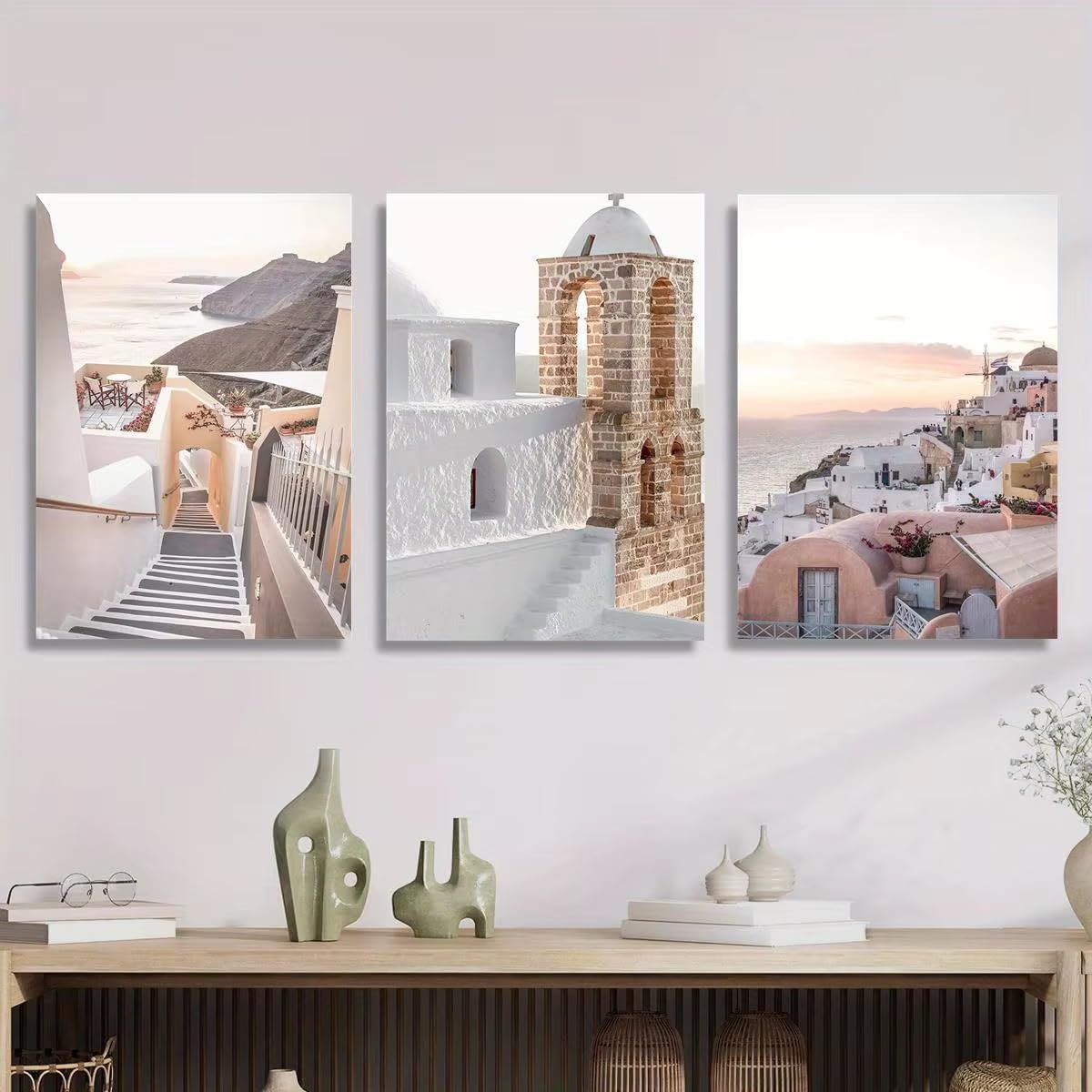 Lienzos decorativos para pared con diseño costero de Grecia, estilo isleño beige (60x80cm - 3 piezas)