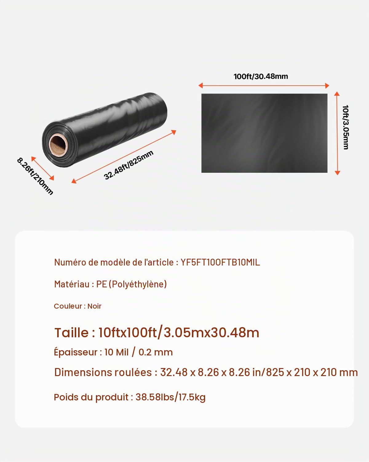 VEVOR Bâche en plastique très résistante, 0,2 mm épaisseur, rouleau de bâche en polyéthylène épais, 3,05 x 30,48 m, bâche de protection peinture, pour pare-vapeur de vide sanitaire, multi-usages, noir