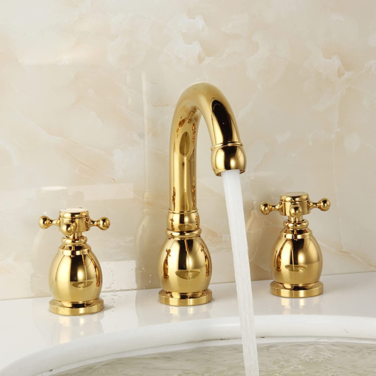 Generico Rubinetto da Bagno retrò a 2 Maniglie, Acqua Calda e Fredda, Multifunzione, in Ottone, Miscelatore a 3 Fori, Elegante Finitura Dorata per Un lavabo rinnovato.