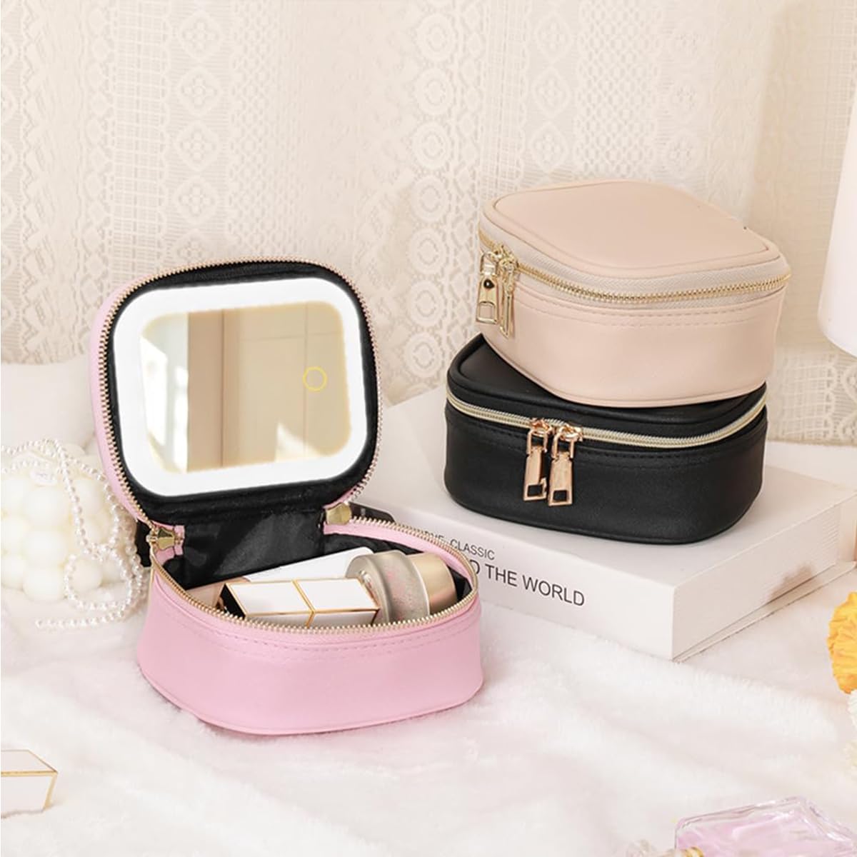 Trousse de maquillage avec miroir LED PU Noir Moderne