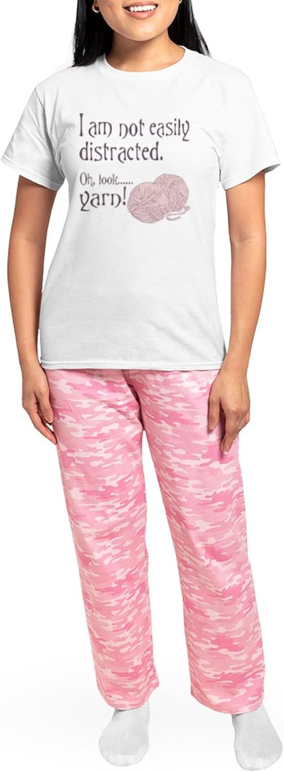 CafePress Distracted by Yarn Pink Pajamas Women's Novelty Cotton Pajama Set, Comfortable PJ Sleepwear