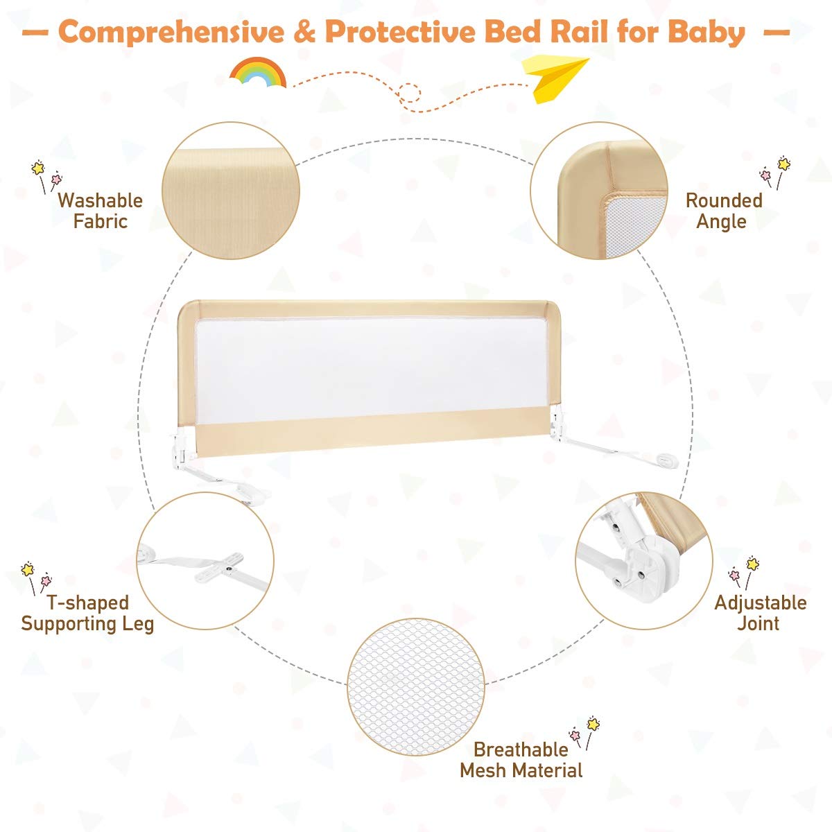 Costzon Double Sided Bed Rail Guard, 2 Pack, Extra Long Swing Down Safety Guard w/Straps for Toddler Convertible Crib, Folding Baby Bedrail for Kids Twin Double Full Queen King Mattress, Beige,59 Inch : Baby