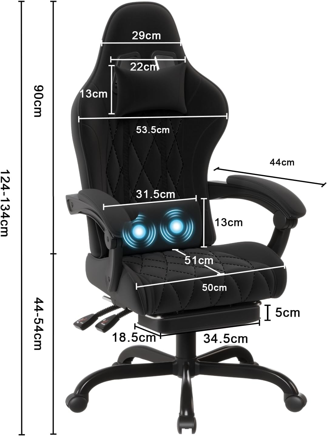 Flamaker Sedia da Gaming in Tessuto con Poggiapiedi, Massaggiante Sedia Ufficio con Schienale alto(con Presa USB), Cuscino Ispessito da 9 cm, Sedia da Gioco Ergonomica per Adulti, Nero