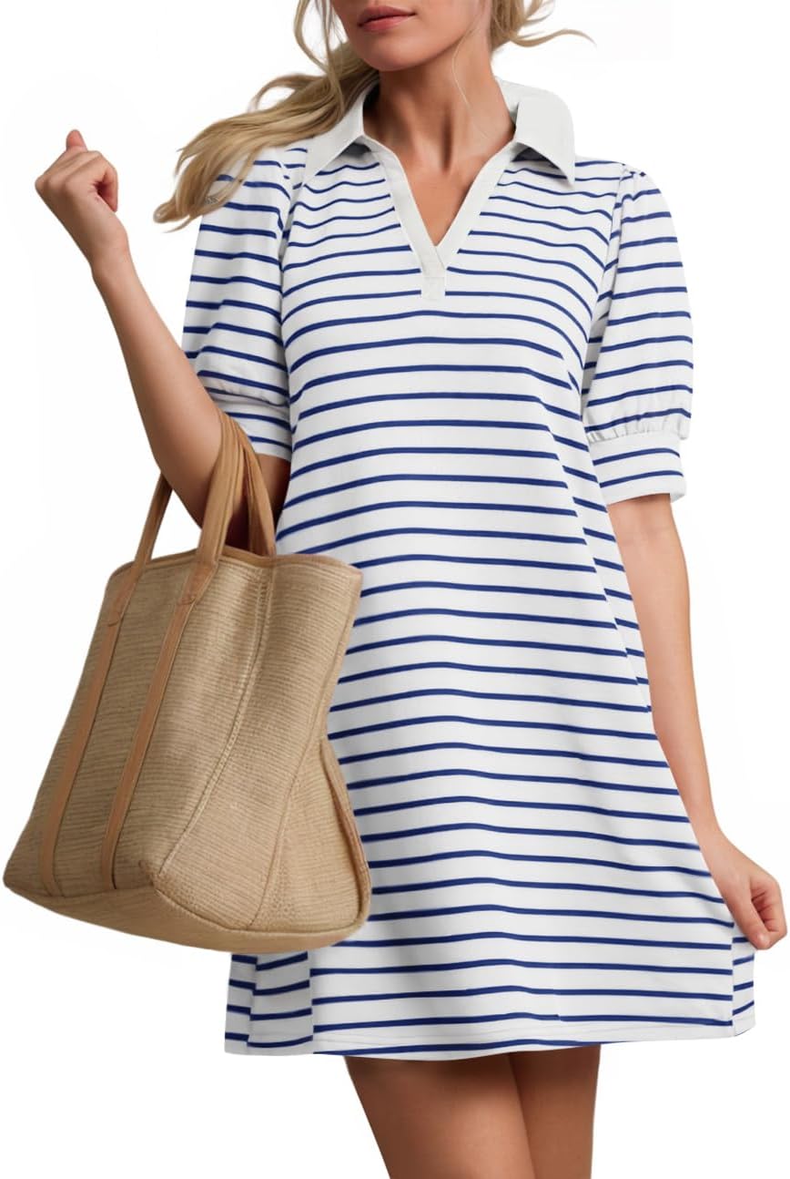 ZESICA Womens Summer Striped T Shirt Mini Dresses 2026 Casual Lapel V Neck Short Sleeve Flowy A Line Beach Vacation Dress