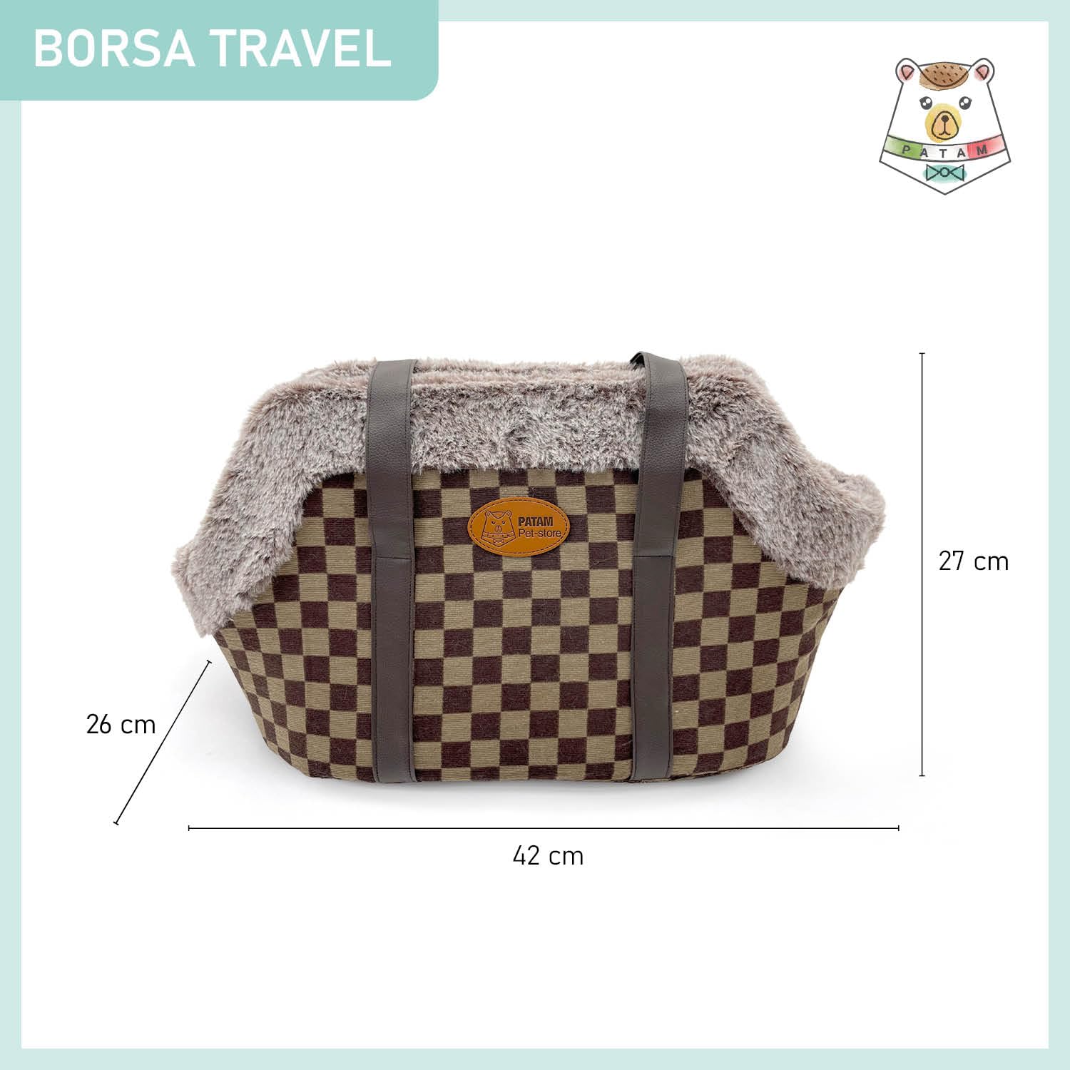 Borsa per Cane e Gatto, Tracolla-Trasportino per Piccoli Animali – Borsa da Viaggio con Interno in Caldo Pile, Chiusura con Bottoni – Travel Scacchi, 42x26x27 cm