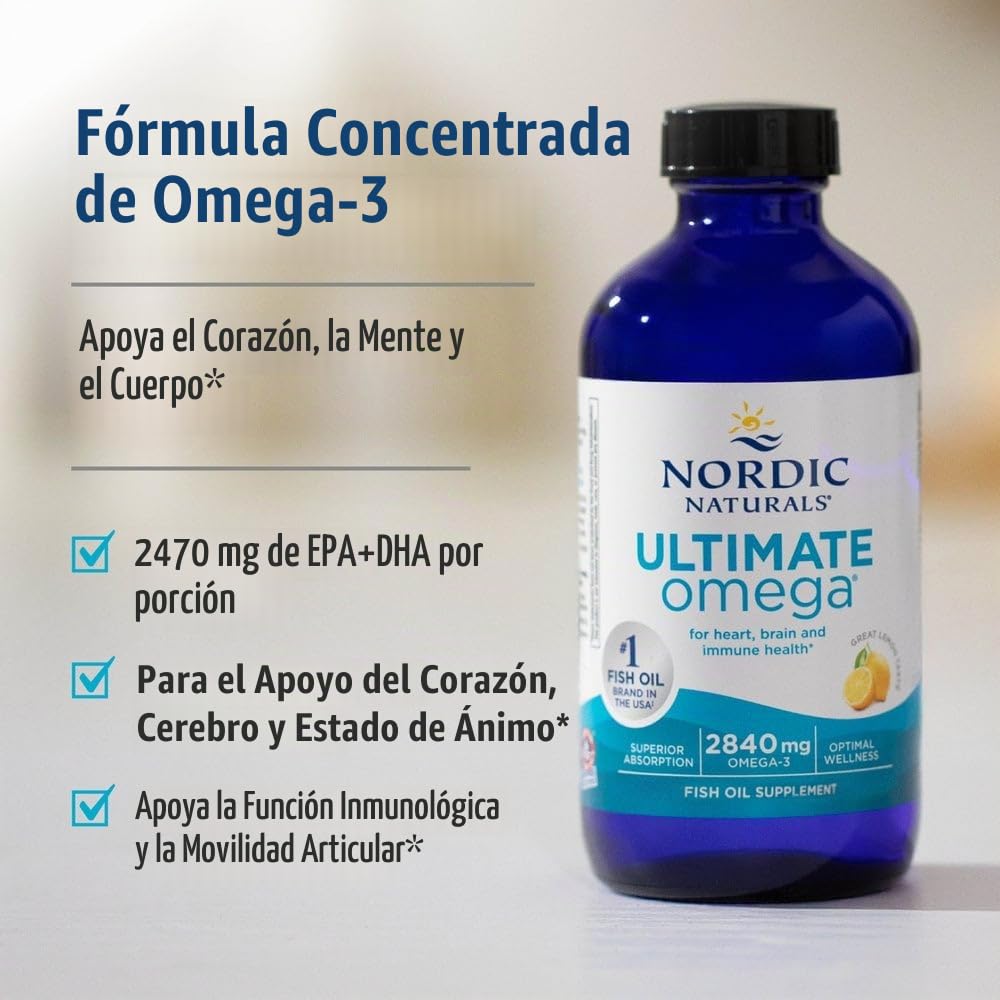 Nordic Naturals Ultimate Omega, 2840Mg Sabor Limón -119 Ml. 1 Unidad 220 g | Suplemento de aceite de pescado con EPA y DHA. Apoya la salud del cerebro y el corazón. Forma líquida sin OMG. 24 porciones.