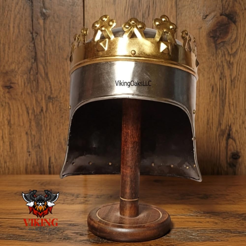 VikingOaks Medieval King Richard Lionheart Crown Helmet, Knight Armor Replica, Silver, Wearable, SCA LARP Cosplay