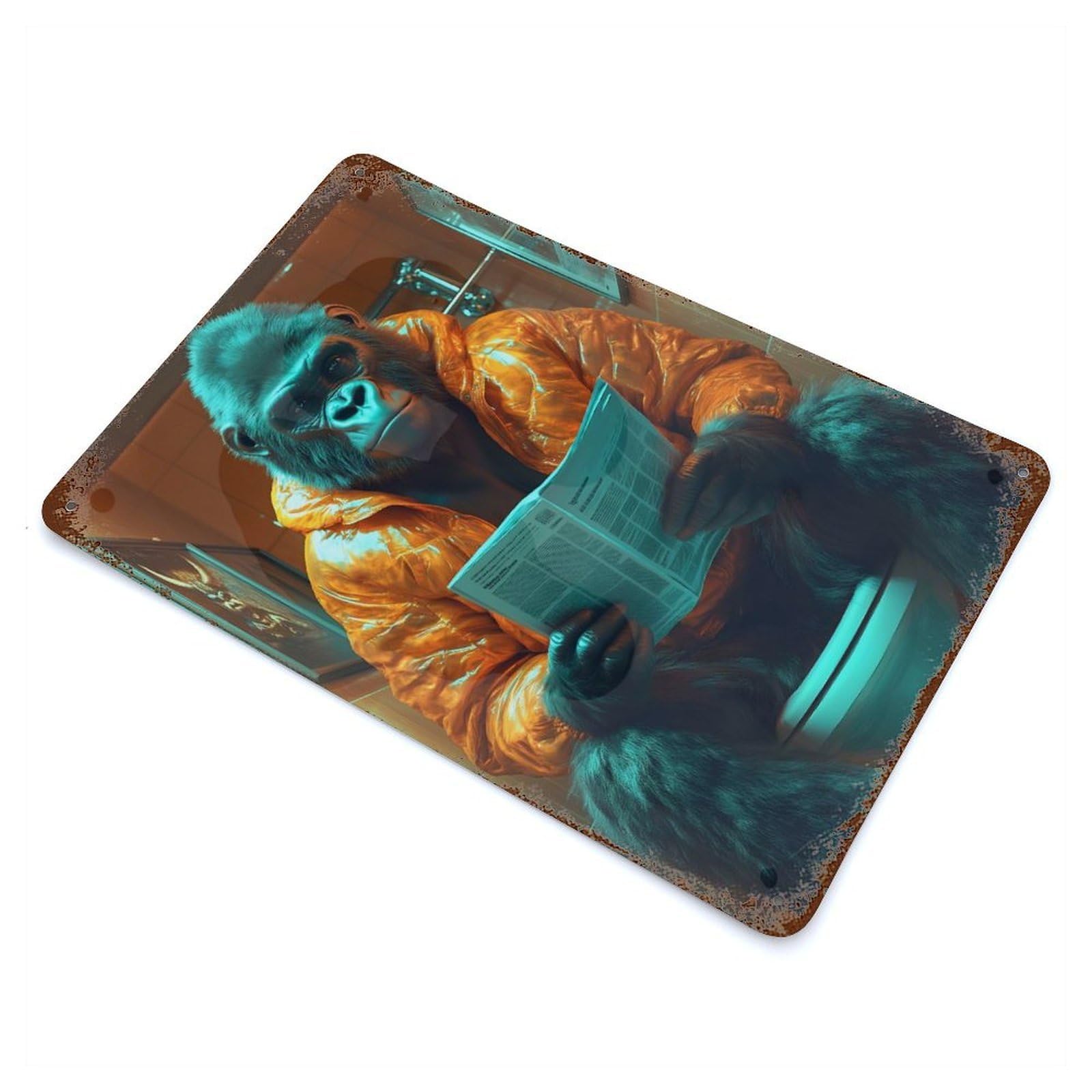 Aged Metal Wall Plaque with Gorilla Reading on Toilet Design 11.8"x7.9", for Basement, Hobby Room And Garage Decor, Farmhouse Wall Decor