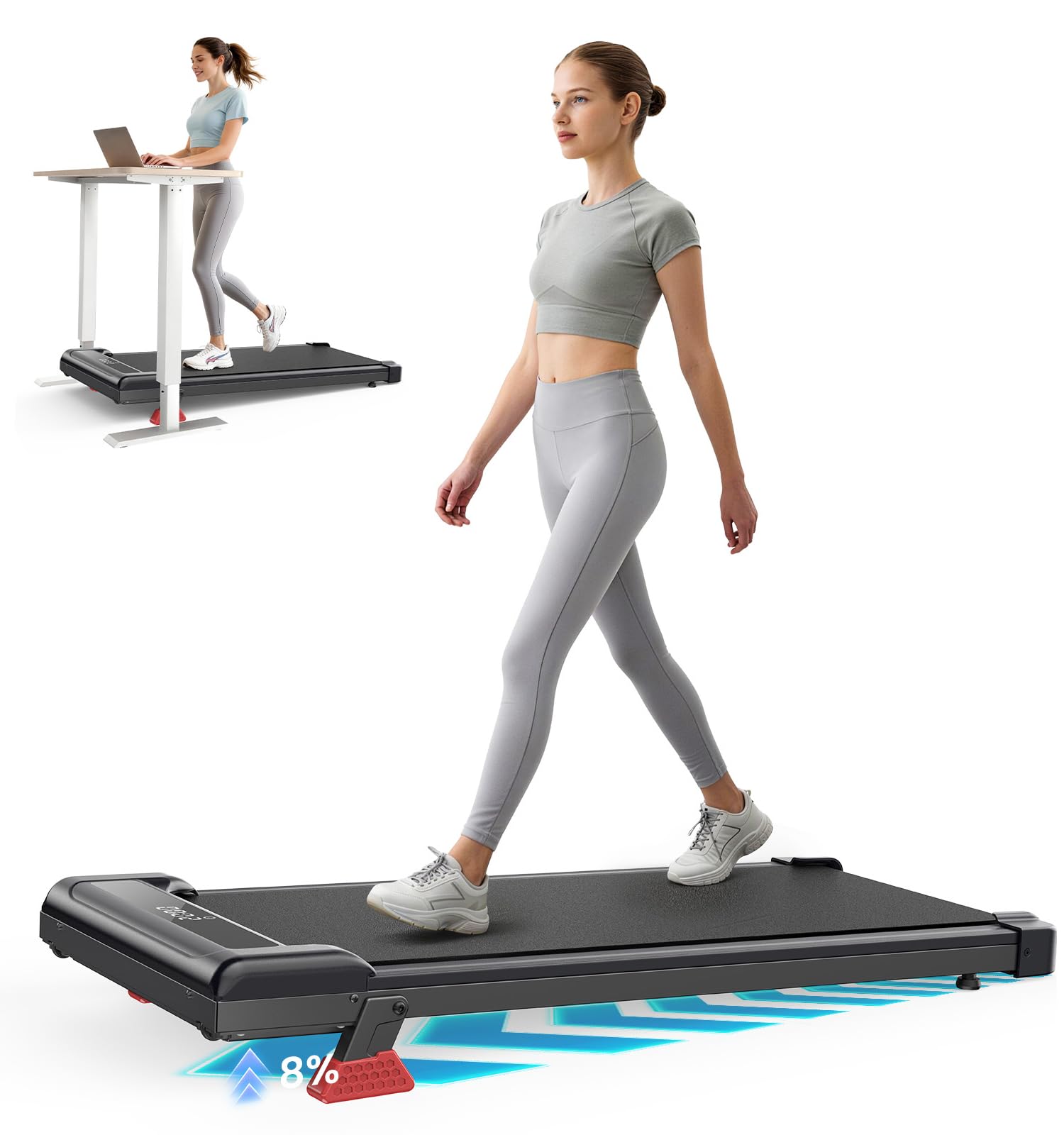 Dskeuzeew Walking Pad Treadmill with 7% Incline, 8KM/H Under Desk Portable Running Machine for Home Office, Compact Mini for Small Spaces, Installation-Free, Remote Control(Classic)