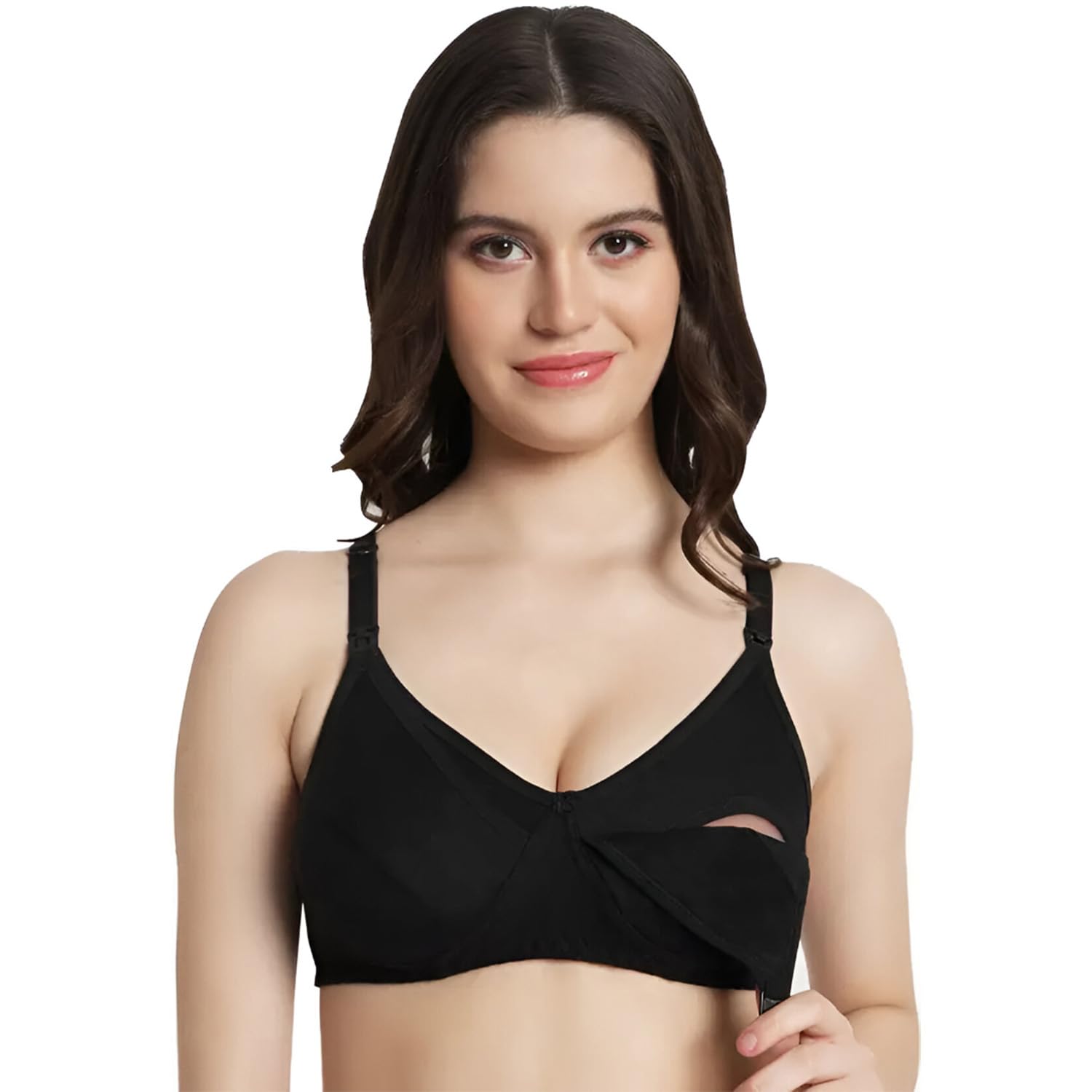 Maternity Nursing Bra for Women | Non-Padded Cotton Blend | Wire-Free V-Neck Feeding Bra (Size 38 Black)-image-36