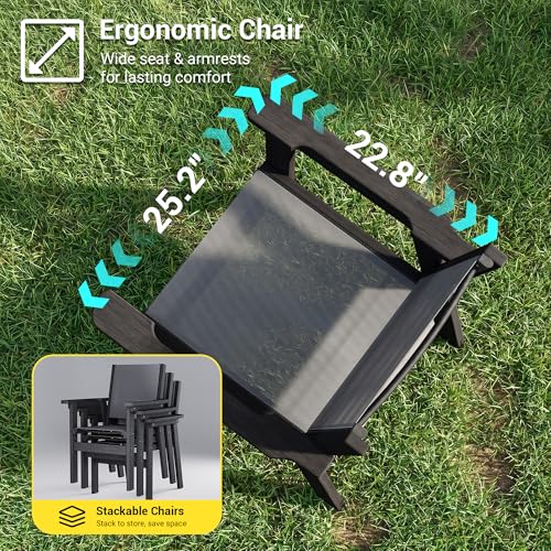Image of 5-Piece Outdoor Dining Set for 4, HDPE Patio Dining Table and Stackable Chairs Set, Weather Resistant Rectangular Table with Umbrella Hole for Garden, Backyard, Lawn and Poolside, Woven Black