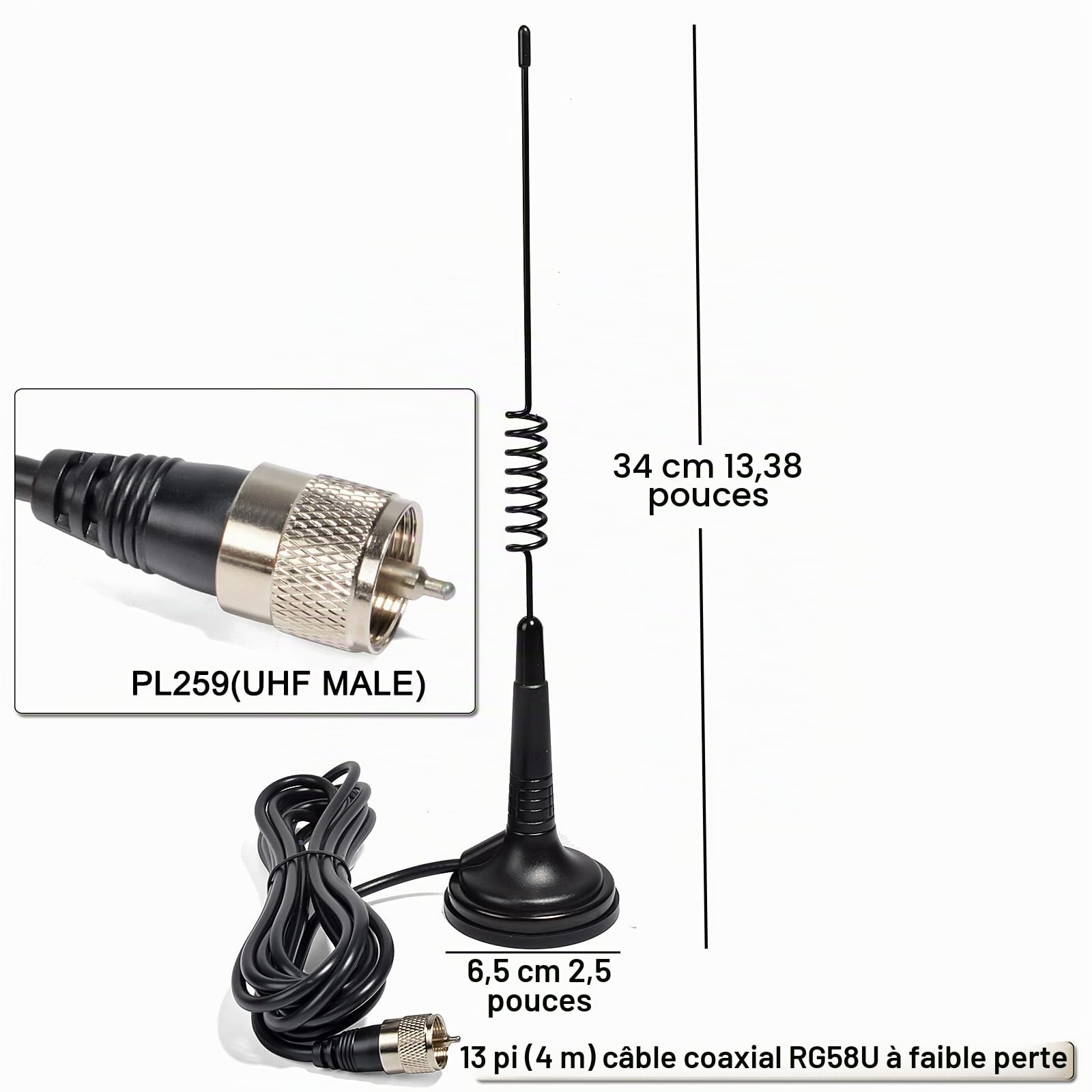 HYS Antenne Magnétique Poste Radio CB 27 MHz avec connecteur PL259 | Compatible avec Midland Albrecht TTi Anytone Poste radio (PL259)