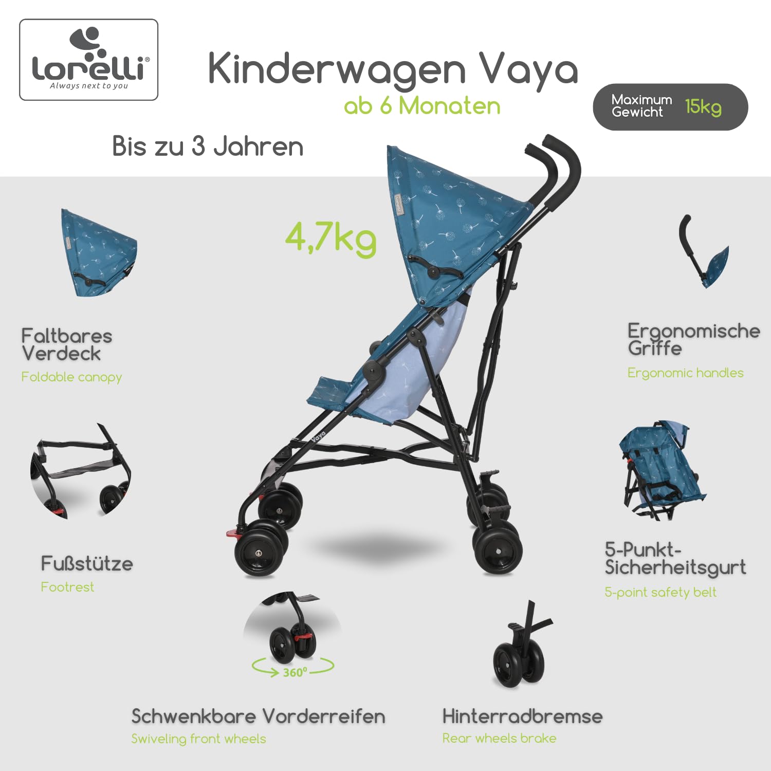 Lorelli Ultra Leichter Buggy Kinderwagen Vaya - nur 4,7kg - Kompakter Sportsitz bis 15kg, Sitzbuggy mit 5-Punkt-Gurt, faltbarem Verdeck und ergonomischen Griffen, klappbarer Reisekinderwagen, blau