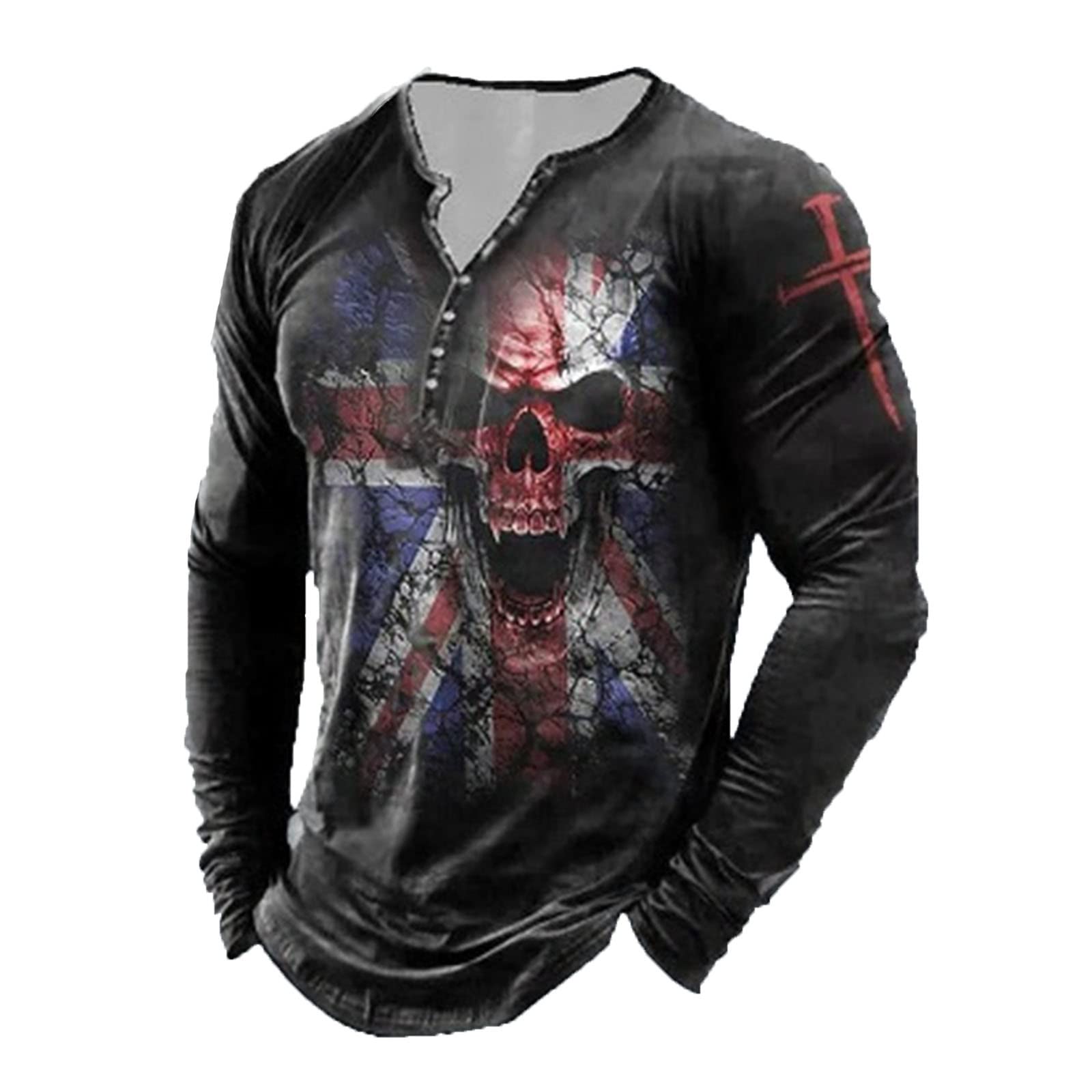 keephen Men's Skull Graphic Print T-Shirt Retro V-Neck Long Sleeve Henley Shirts Gothic Button Down Vintage Tops