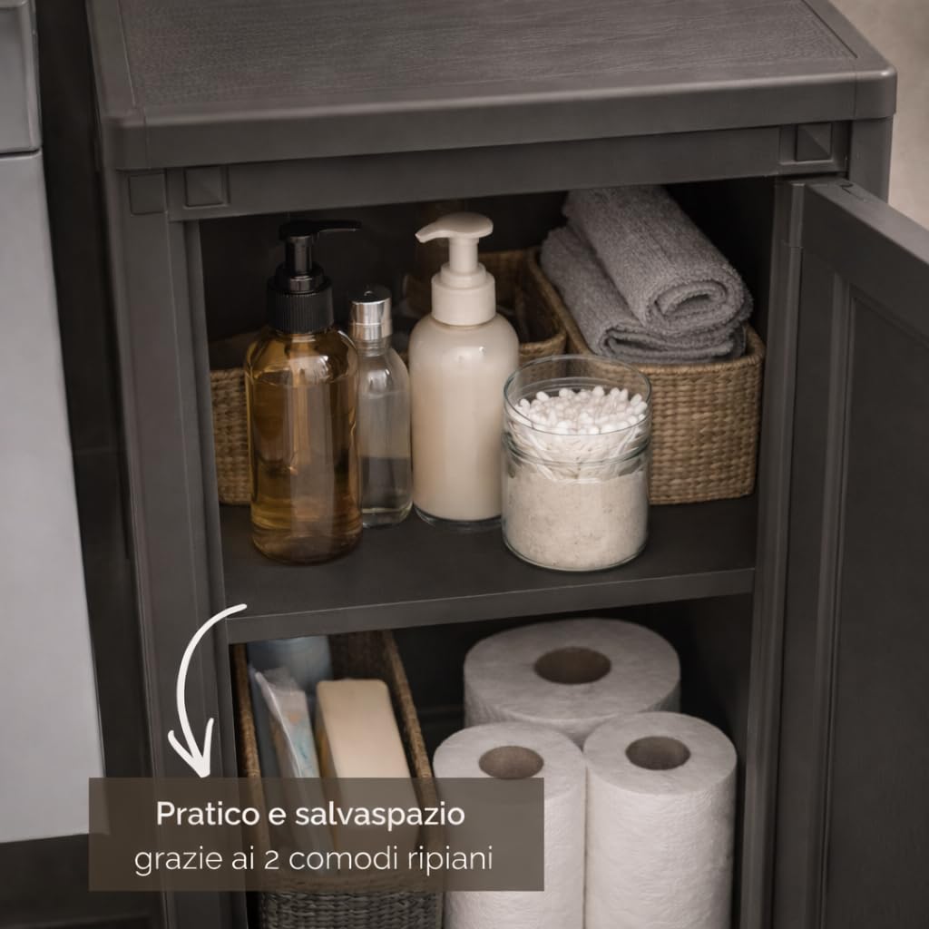 Mobile Bagno Salvaspazio 2 Ante in Plastica Wengé 40x43x85,5 cm – Armadietto Contenitore con Ripiano Interno per Asciugamani, Carta Igienica e Organizzazione Bagno (Taupe Scuro)