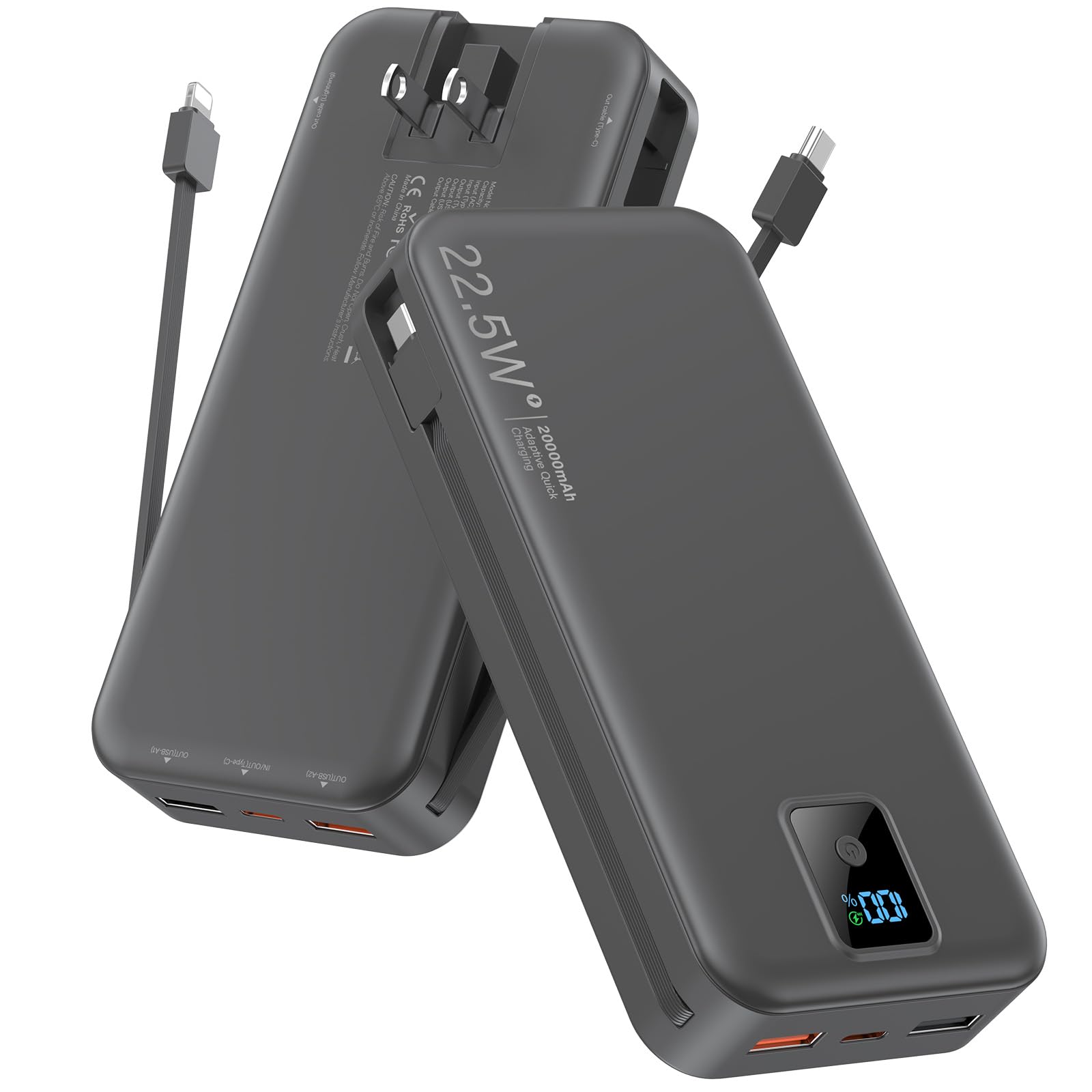 Banco de energía portátil, 20000 mAh, 22,5 W, cargador de teléfono de carga rápida con cables integrados y enchufe de pared, paquete de batería esencial de viaje con pantalla LED, banco de carga de