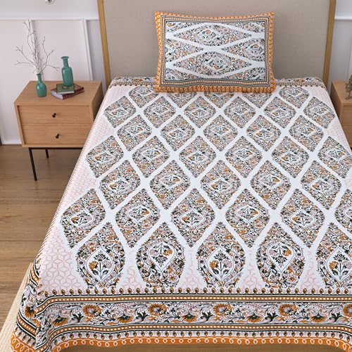 Image of 100% Cotton Single Bedsheet with 1 Pillow Cover | 240 TC Pure Cotton Flat Bed Sheet | Traditional Jaipuri Printed Bedding Set | Soft & Breathable | 60 x 90 Inch (Rangmahal Single 32)