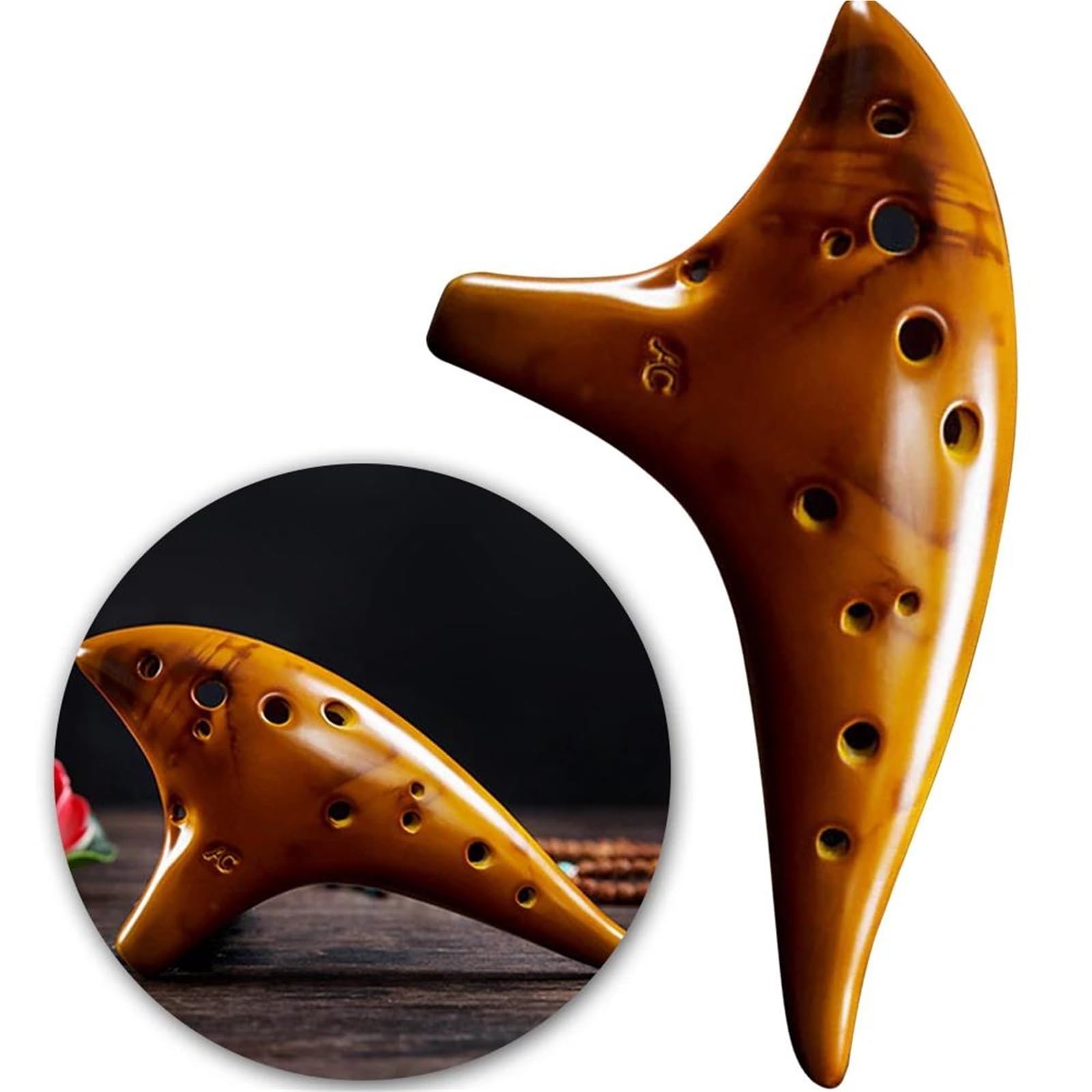 Okaryna 12-otworowe Ceramiczne Okaryny Stabilna Intonacja Alto C Tone Smokey Wypalane Okaryny Z Torbą Ochronną Prezent(Gold)