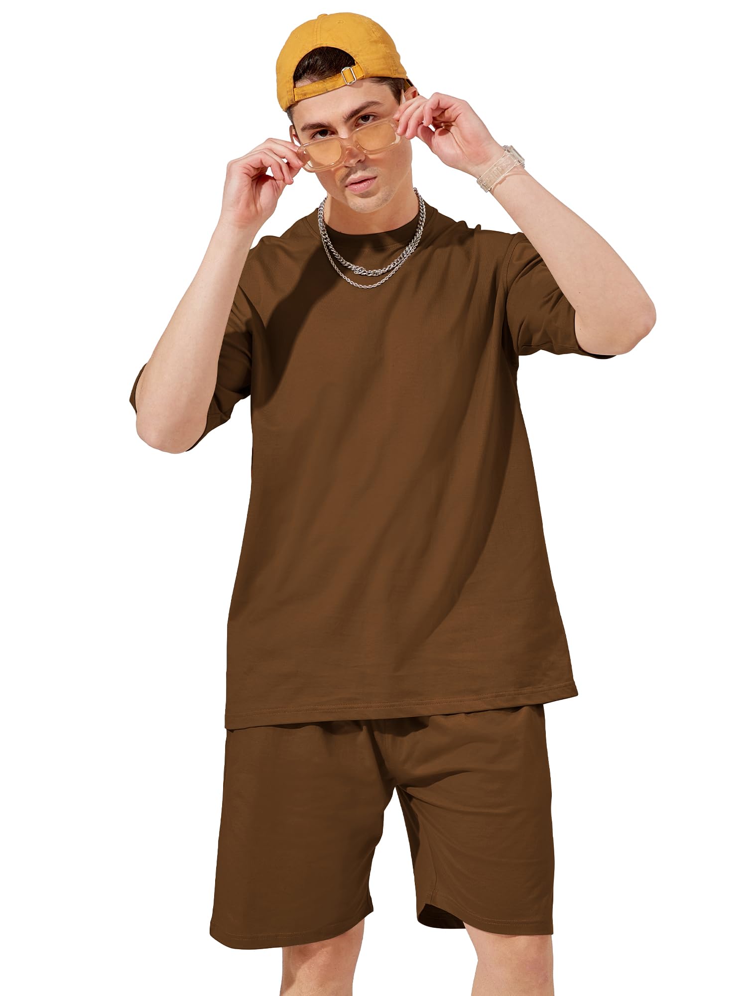 maniac Mens Solid Round Neck Half Sleeve Brown Color Tshirt and Brown Short Cotton Oversized Fit Co-Ords-picture-47