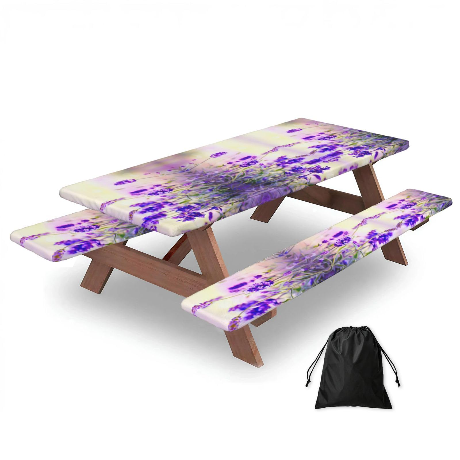 Zyjhyy Black Lavender Flower Print 3 Pack Wipeable Picnic Bench Cover And Table Cover Lightweight Table Cloth For Camping Outdoor