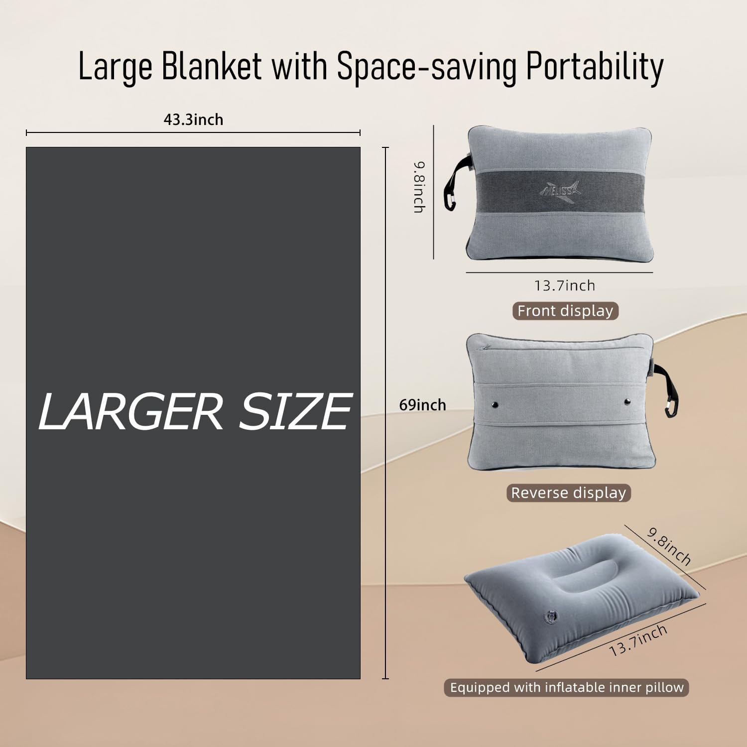 Melissa Large Travel Blanket Set with Inflatable Pillow