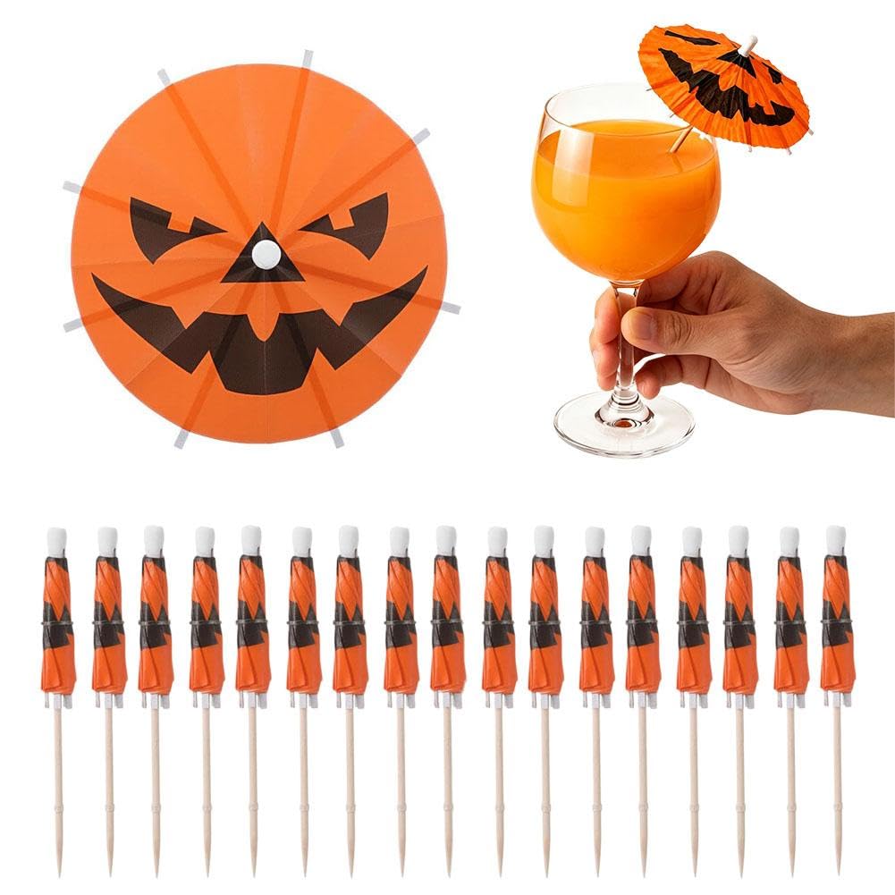 Summerween Drink Umbrellas – 100 Pcs Halloween Pumpkin Design Cocktail Umbrella Picks, Mini Paper Umbrellas for Summerween Party Decorations, Halloween Party Supplies