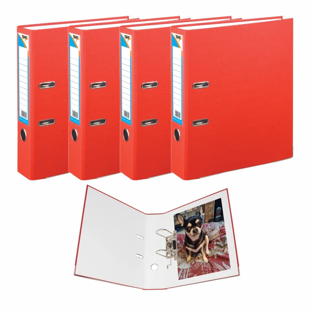 Pack of 5- A4 Lever Arch File Document Organiser Folder 75mm Display Divider Metal Ring Finger Pull Stationery Office Document Storage File Office School 21 x 29 cm Approx. (Red)