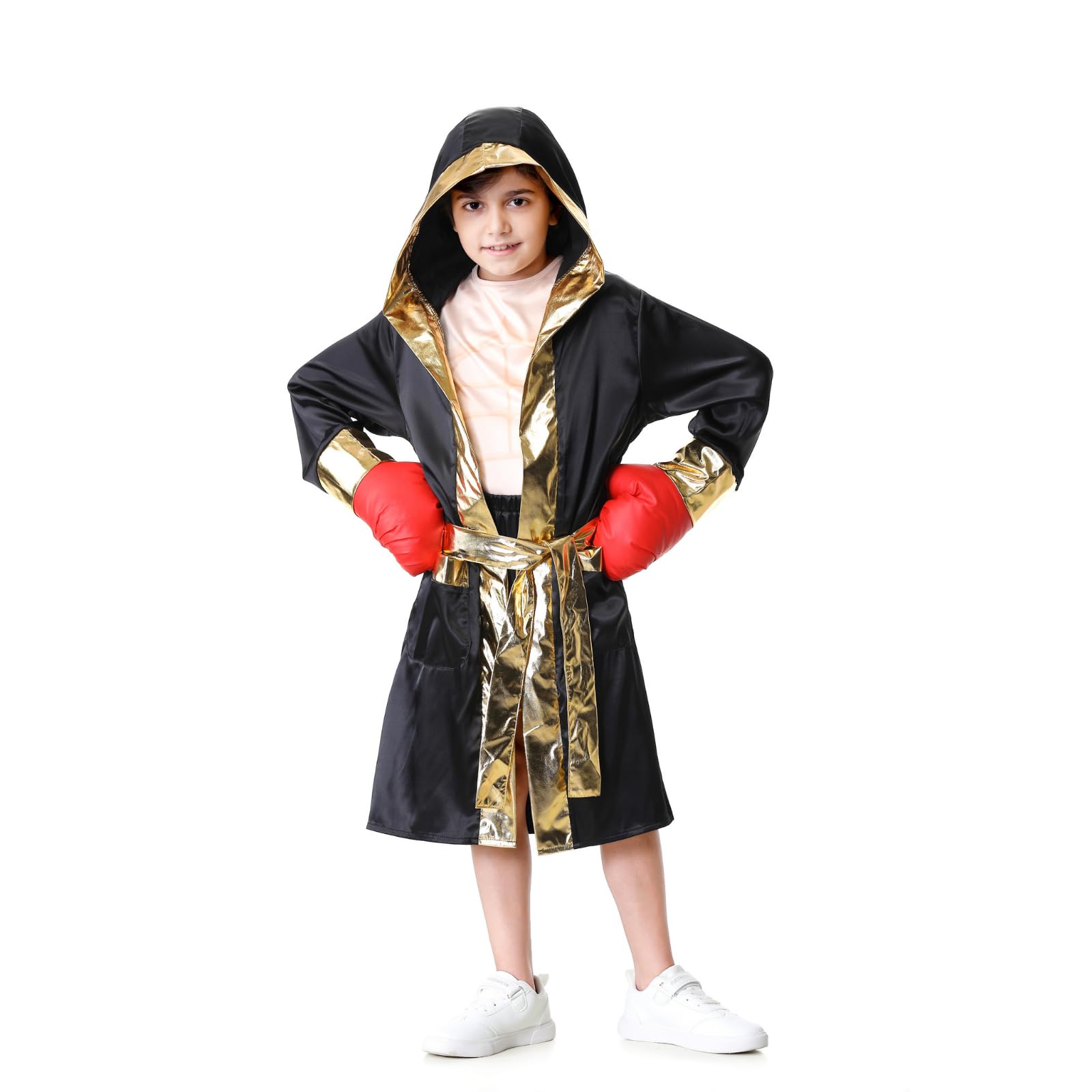 DELIVESS Kids Boxing Costume with Hooded Boxer Robe, Shorts and Muscle Shirts for Boys Halloween Muscle Suit Costume (Black,8-10Y)