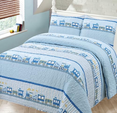Kids Zone Collection Train Print Kids/Teens Bedding Set Blue Gingham Pattern Twin New Choo Choo