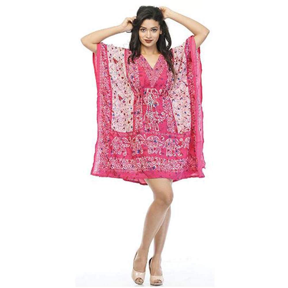 Sharvgun Women's Pink Kaftan Night Dress Kimono Caftan Beach Maxi Boho Short Top Tunic Cover Up Elephant Printed Casual Light