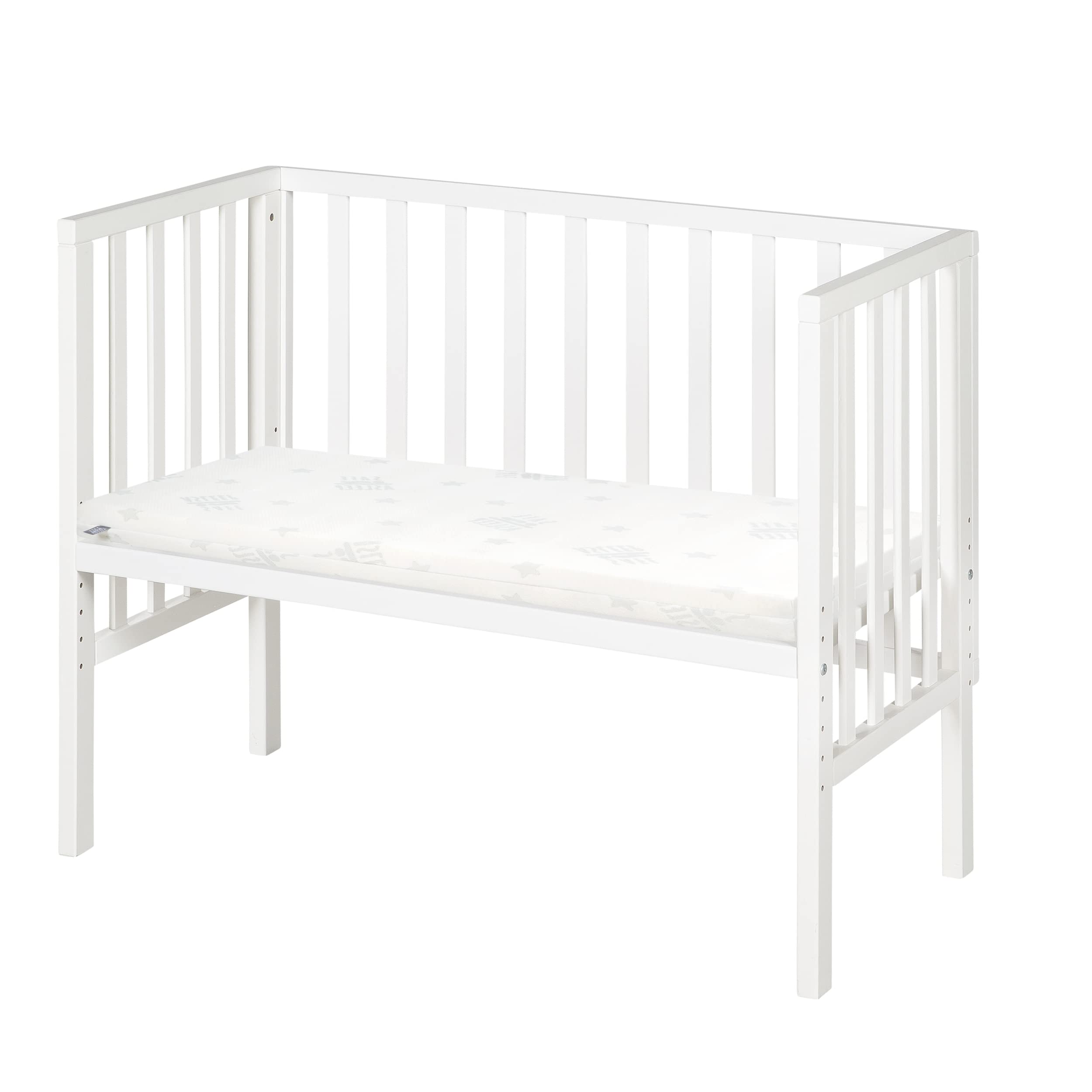 roba Beistellbett safe asleep® 2 in 1 – höhenverstellbares Beistellbett mit Matratze und Mesh-Barriere (45 x 90 cm), Holz weiß lackiert