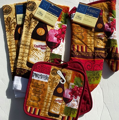 Wine Lovers Kitchen Linen Set (2030) (Includes: one oven mitt, two dish towels, and two pot holders)