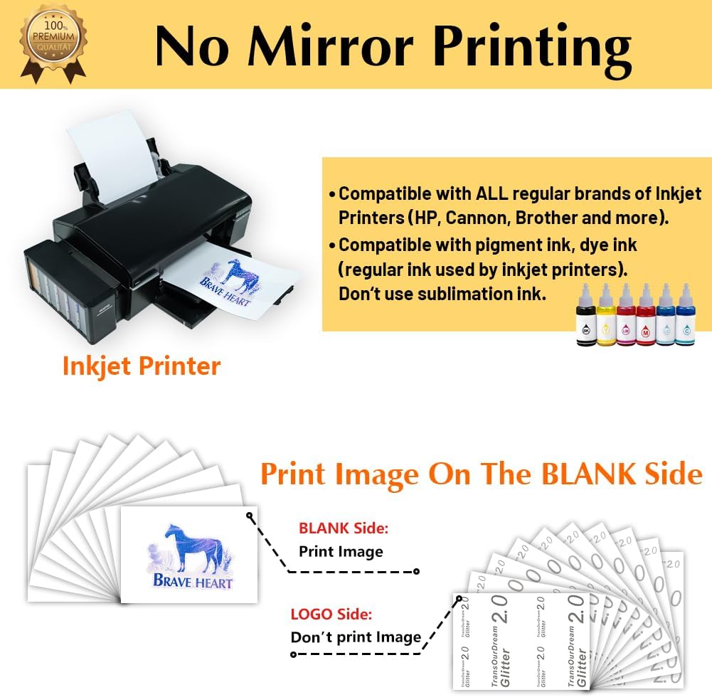 Inkjet printer with ink bottles and a sheet of transfer paper being printed.