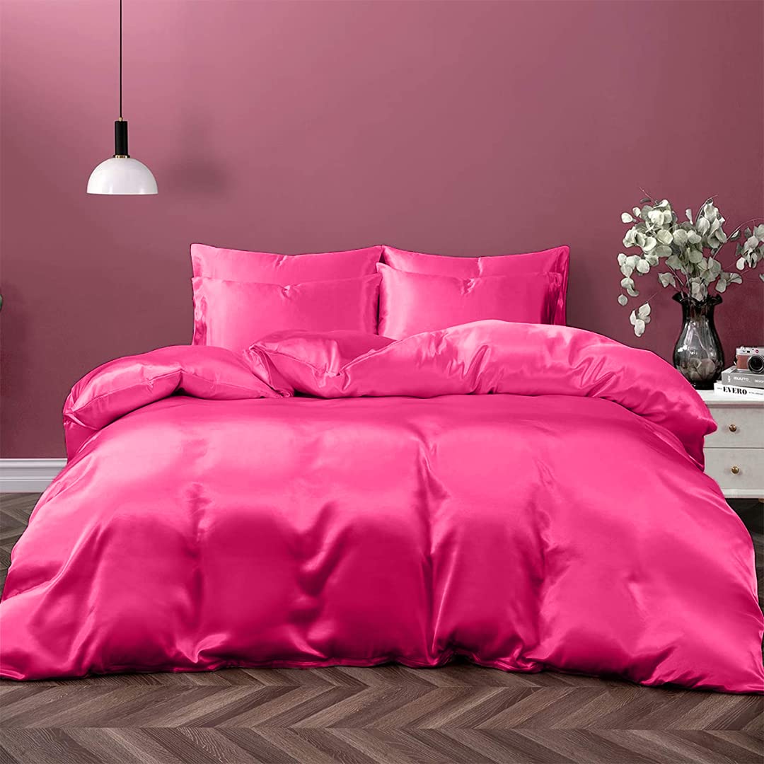Cloud Fino Silk Satin Sheet Set| 100% Pure Silk Satin Sheet Set 7pc Silk Fitted Sheet 15" Deep Pocket, Silk Flat Sheet, Silk Duvet Cover & Pillowcases Set !!(Full Hot Pink)