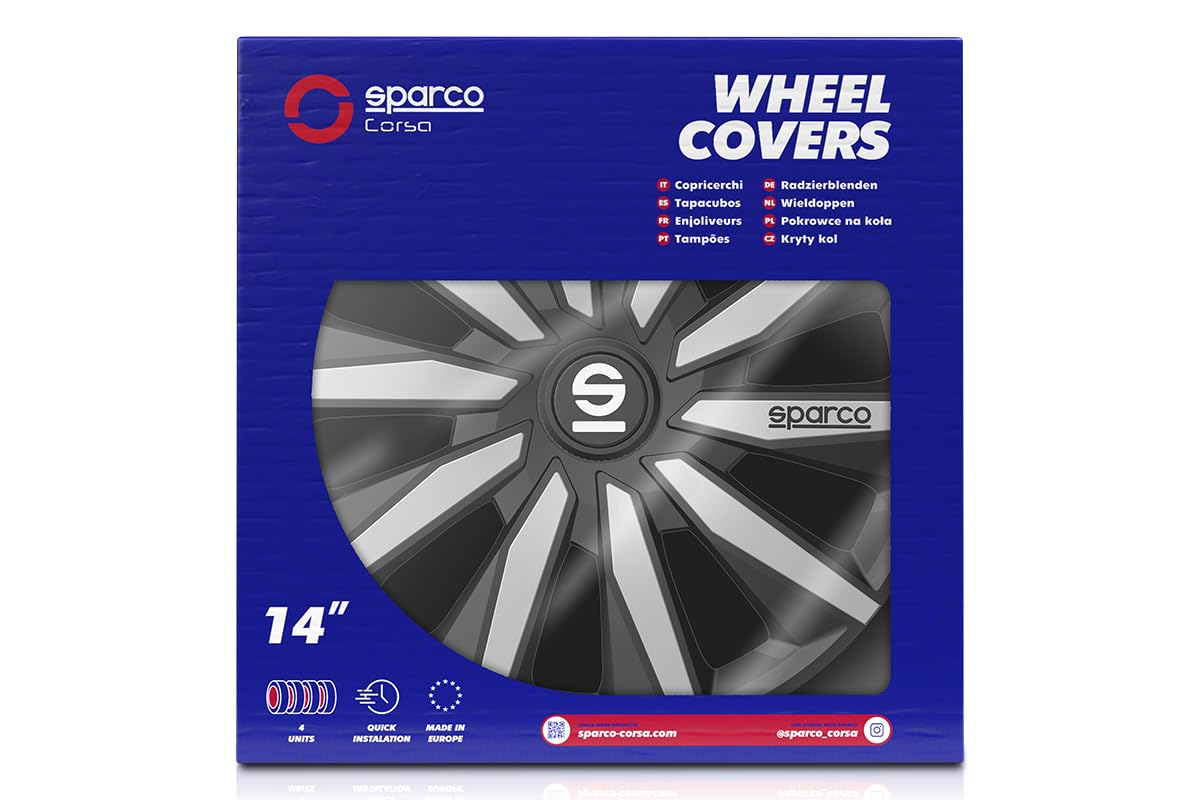 Sparco Set of 4 Wheel Trims 14 Inches Model Milano Black/Silver Sporty Design for Your Car Rims Strong and Durable Construction