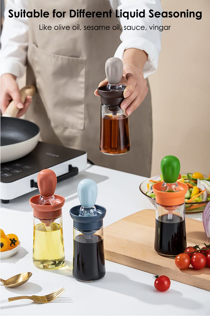 Dispensador de aceite con cepillo, paquete de 3 botellas dispensadoras de aceite de oliva 2 en 1 con cepillo para untar, para cocinar, freír, hornear, cocina, 180 ml, T-OB21 azul, gris y verde