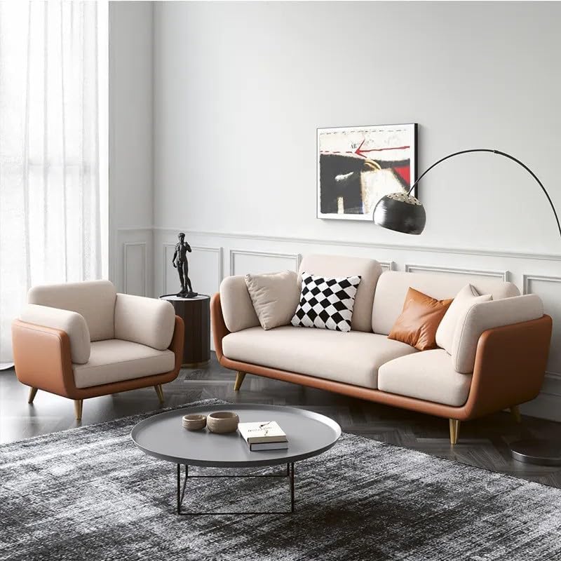 SNOW HANDICRAFTS -Modern Living Room Sofa Set with Pillows 3+1 Seater, Gold Metal Legs (Beige and Brown)-image-41